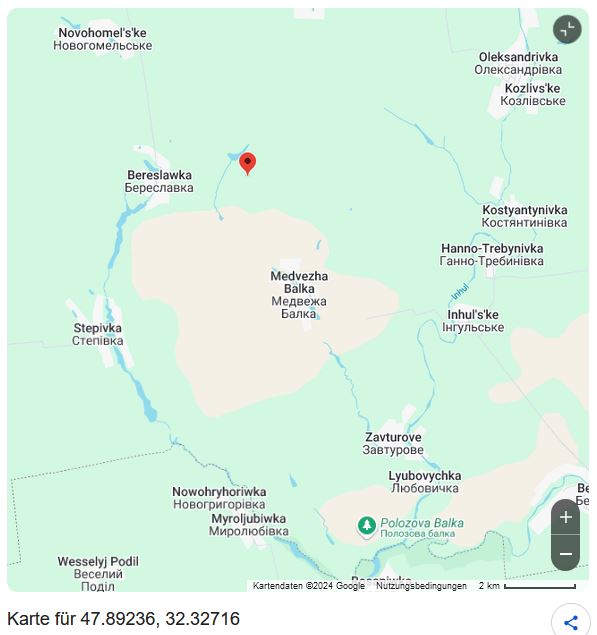 Die geografischen Koordinaten der Überreste des jüdischen Friedhofs in der Nähe des ehemaligen Dorfes Gromokley sind 47.89236, 32.32716